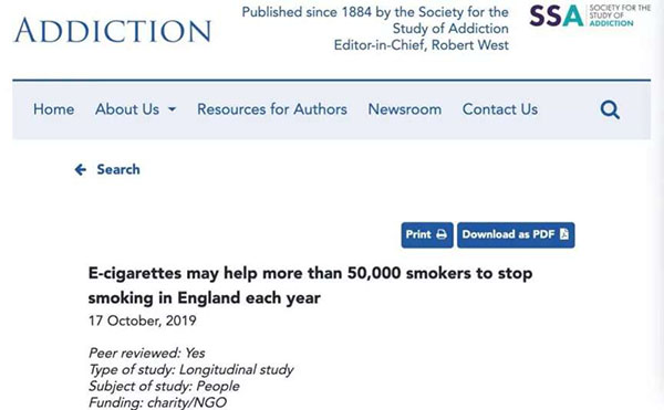 國際權威醫學組織Cochrane：電子煙具有戒煙作用，且效果優于其他療法